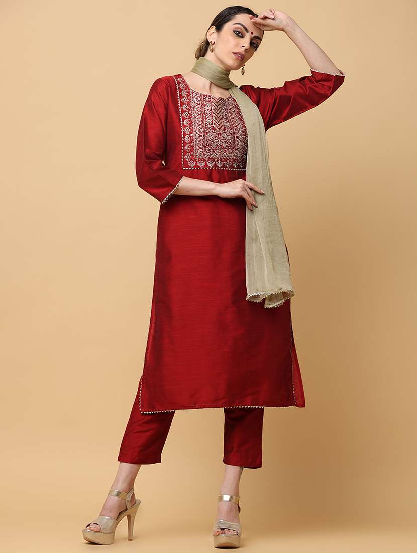 women three quarter sleeve kurta pant with dupatta set