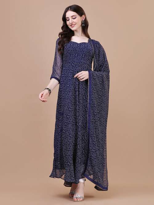 women blue three quarter sleeve kurta dupatta set - 20598441 - Standard Image - 0