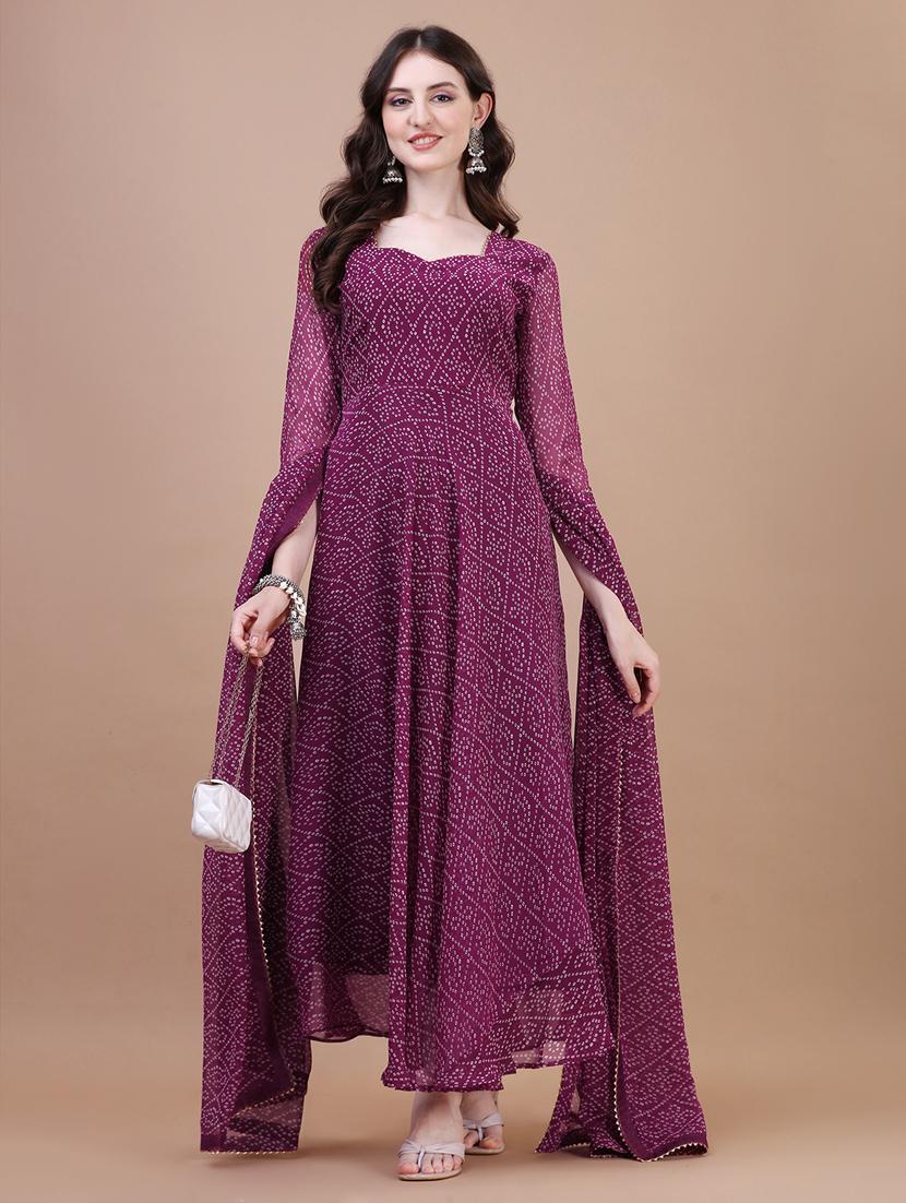women purple bandhani print kurta dupatta set - 20598446 - Zoom Image - 0