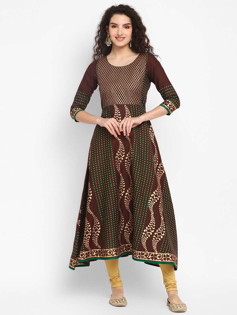 women brown round neck a-line kurta