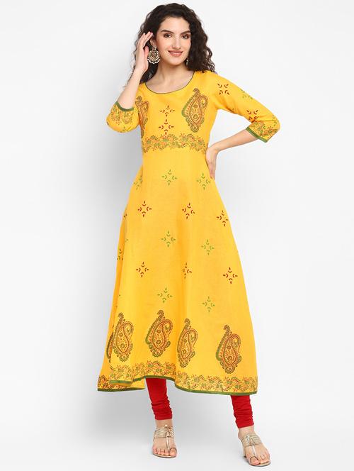 women yellow round neck a-line kurta - 20598450 -  Standard Image - 0