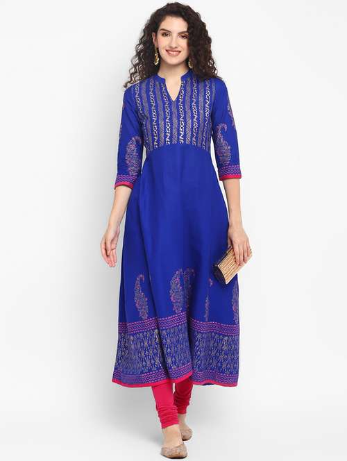 women blue mandarin neck a-line kurta - 20598452 - Standard Image - 0