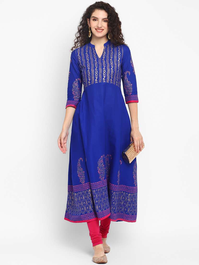 women blue mandarin neck a-line kurta - 20598452 - Zoom Image - 0