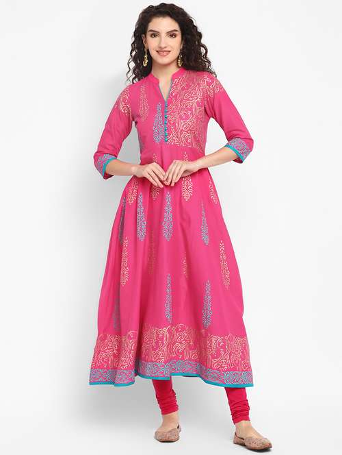 women pink mandarin neck a-line kurta - 20598453 -  Standard Image - 0