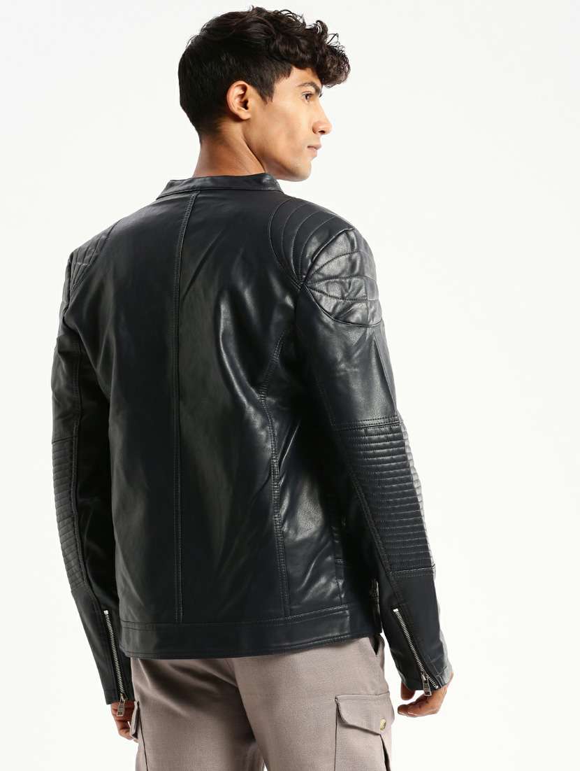 Navy Blue Faux Leather Bomber Jacket - 20598512 -  Standard Image - 2