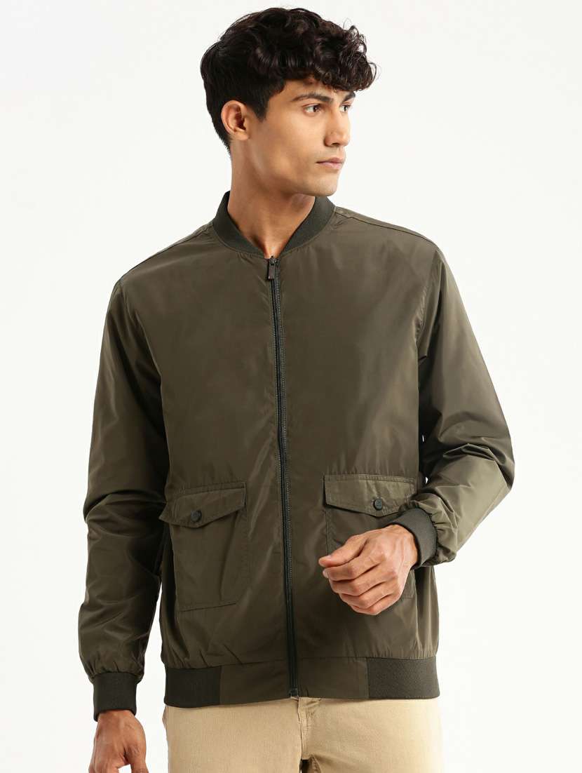 men olive solid long sleeve casual jacket