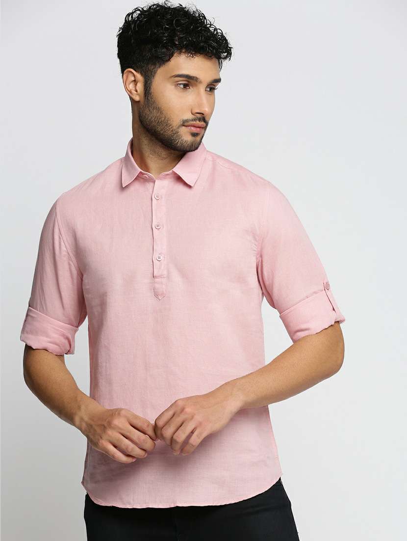 men solid linen short kurta