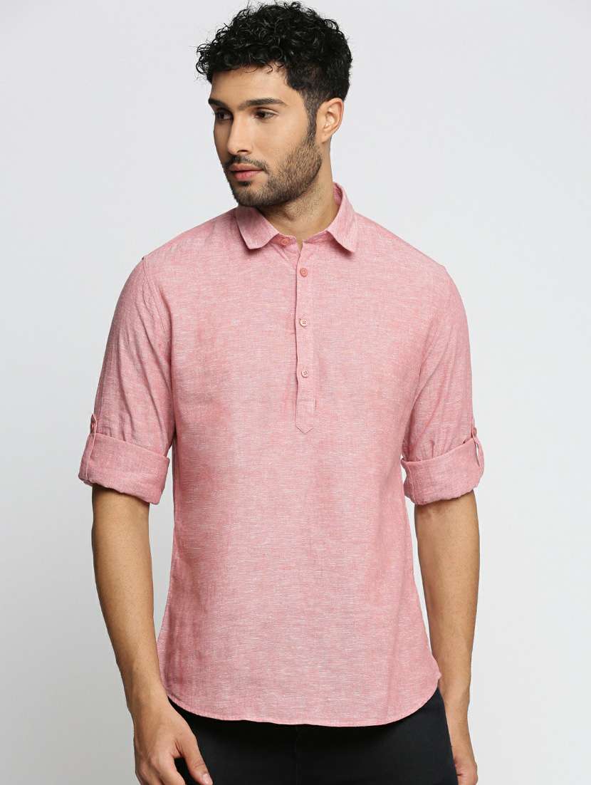 men solid linen short kurta