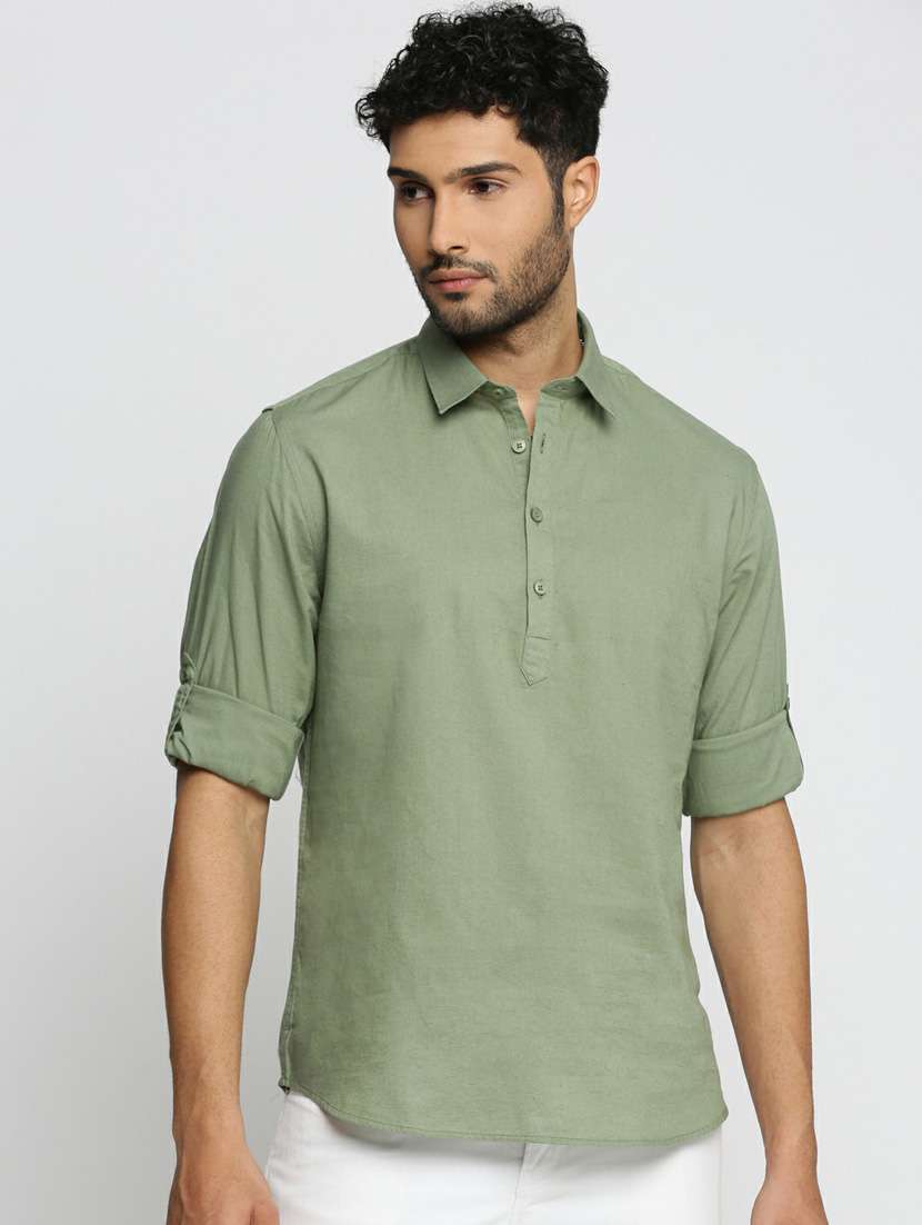 men solid linen short kurta