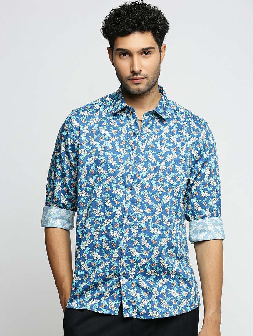 blue cotton blend casual shirt