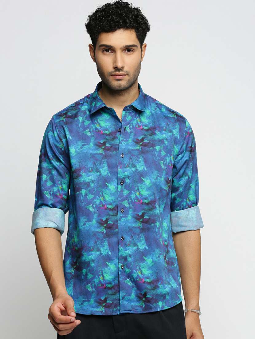 blue cotton blend casual shirt