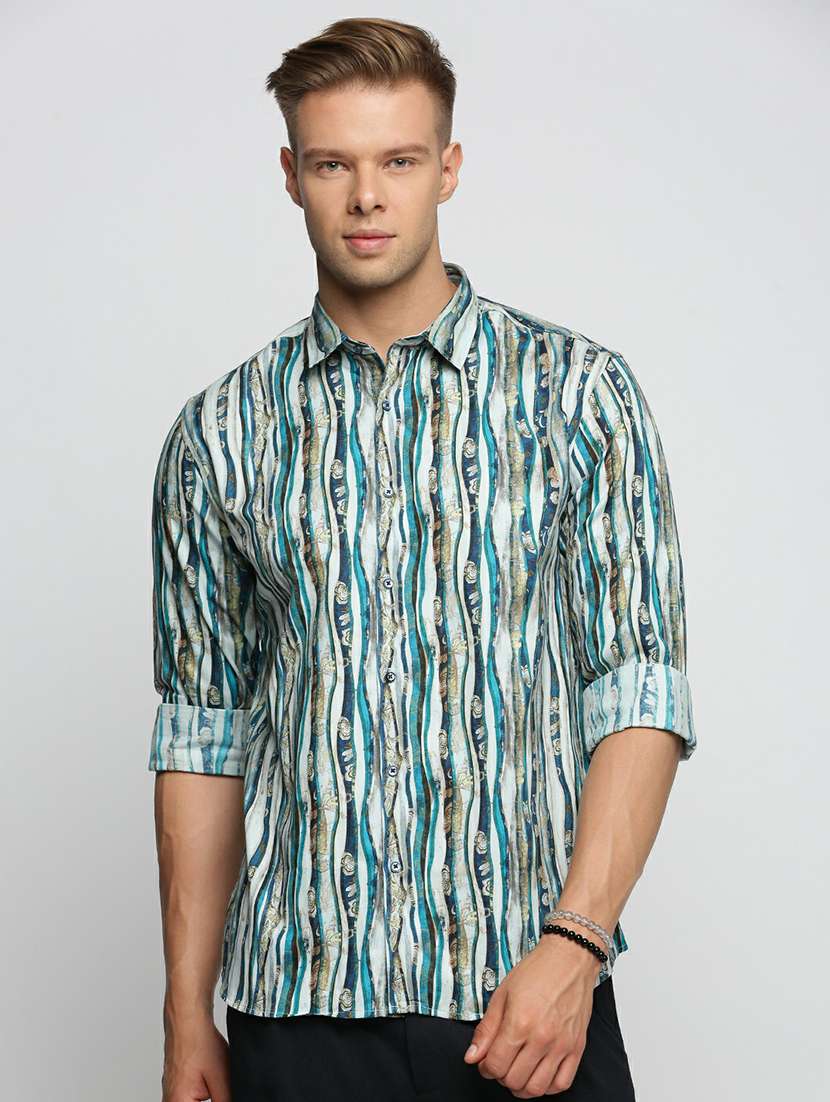 blue cotton blend casual shirt