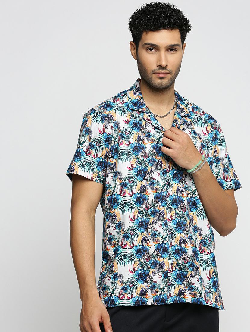 blue cotton blend casual shirt