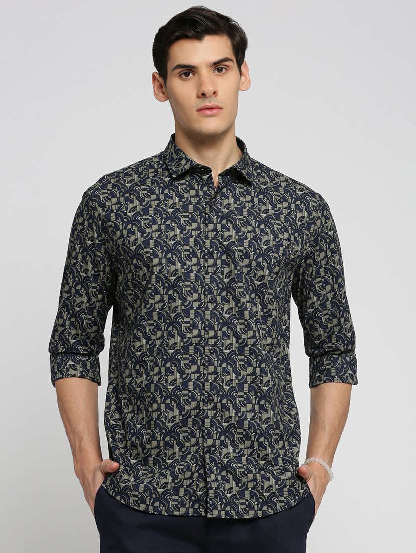 navy blue cotton blend casual shirt