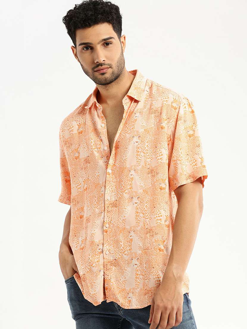 orange cotton blend casual shirt