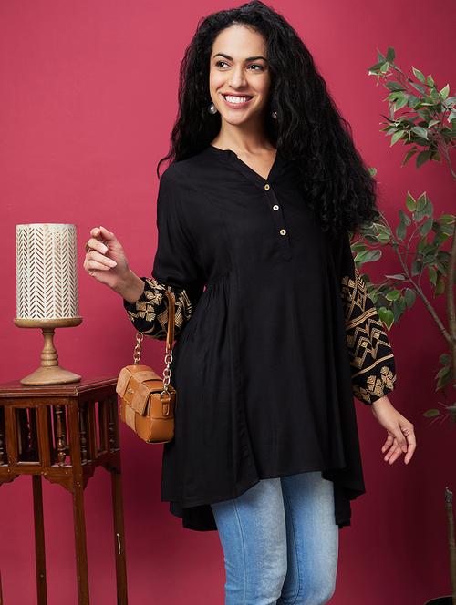 globus women black mandarin collar embroidered bishop sleeves asymmetric hem panelled a-line kurta - 20600233 -  Standard Image - 0