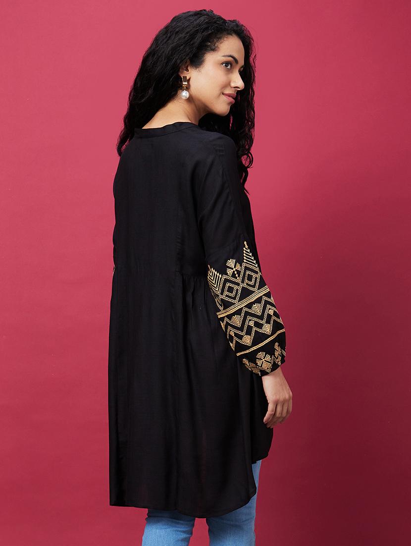 globus women black mandarin collar embroidered bishop sleeves asymmetric hem panelled a-line kurta - 20600233 - Standard Image - 2