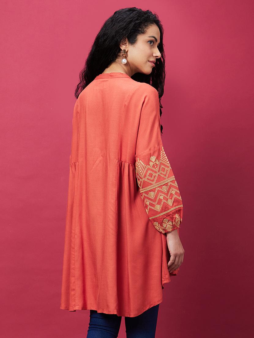 globus women rust mandarin collar embroidered bishop sleeves asymmetric hem panelled a-line kurta - 20600234 -  Standard Image - 2