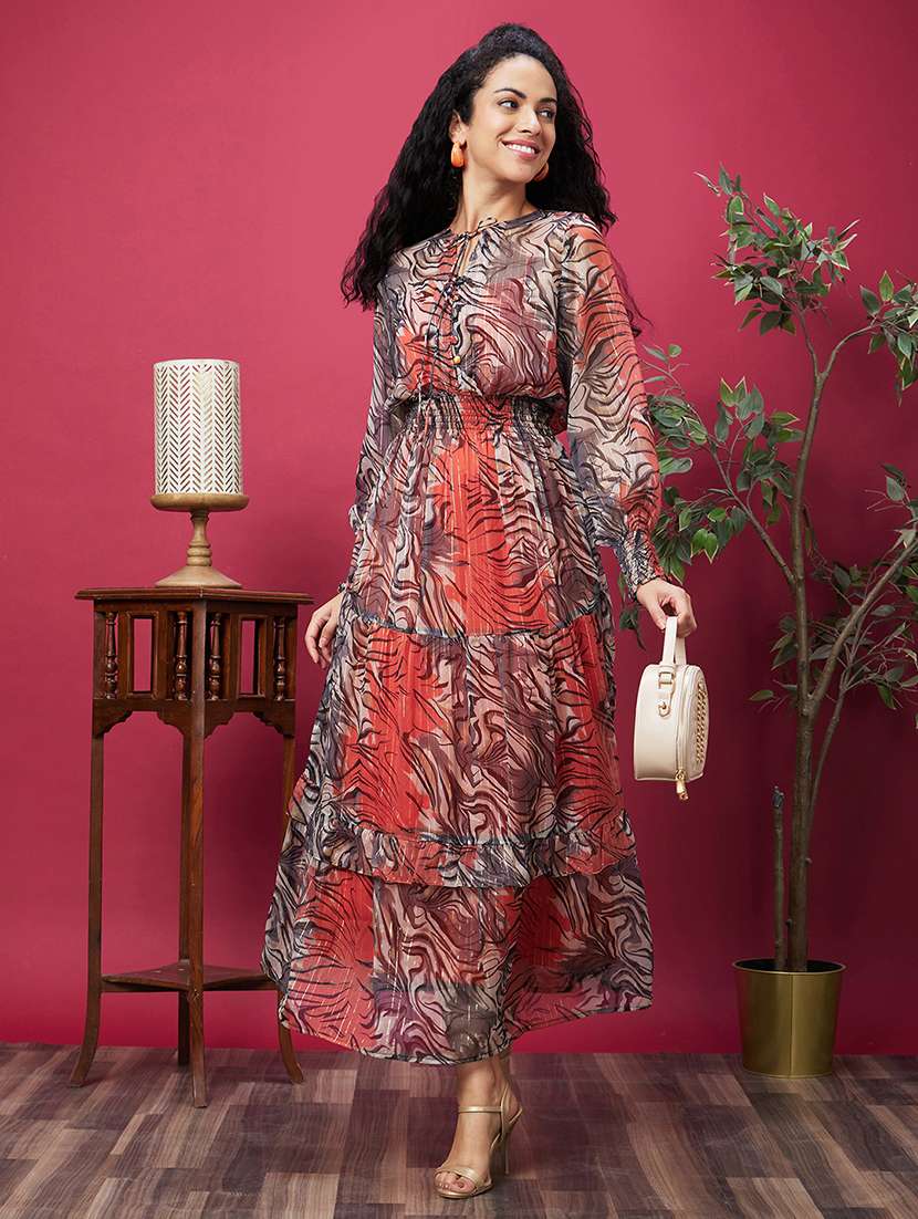women orange abstract printed maxi dress