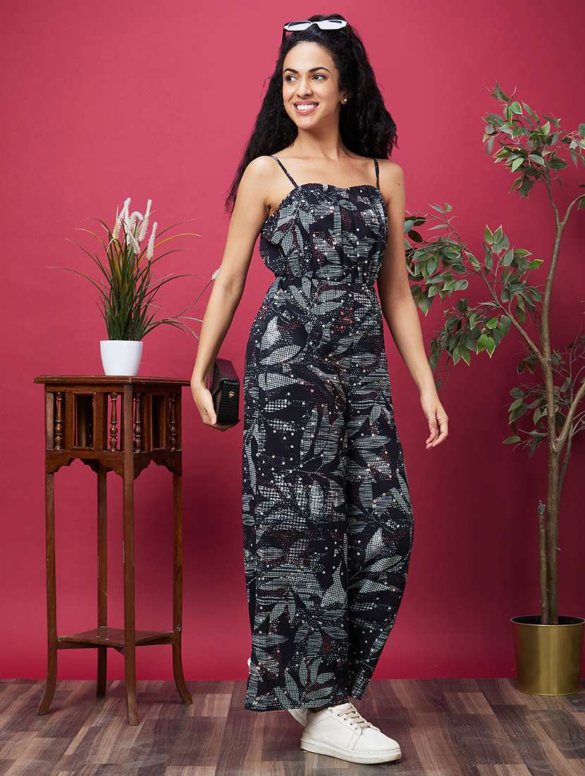 women black printed full leg jumpsuit