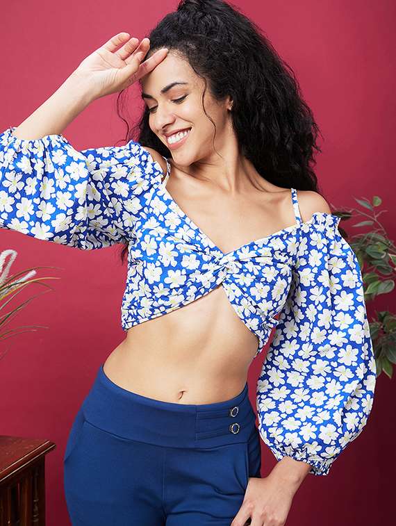 blue floral printed crop top