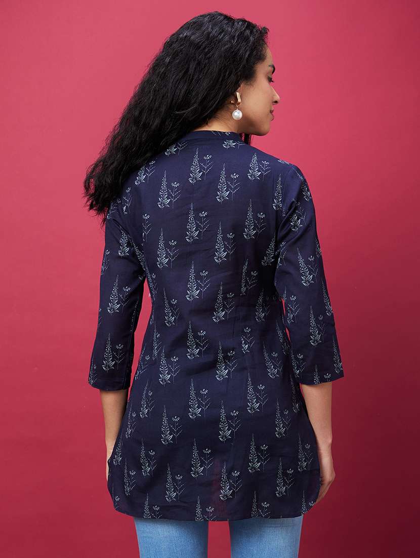 globus women navy mandarin collar allover floral printed high-low hem tunic - 20600272 -  Standard Image - 2