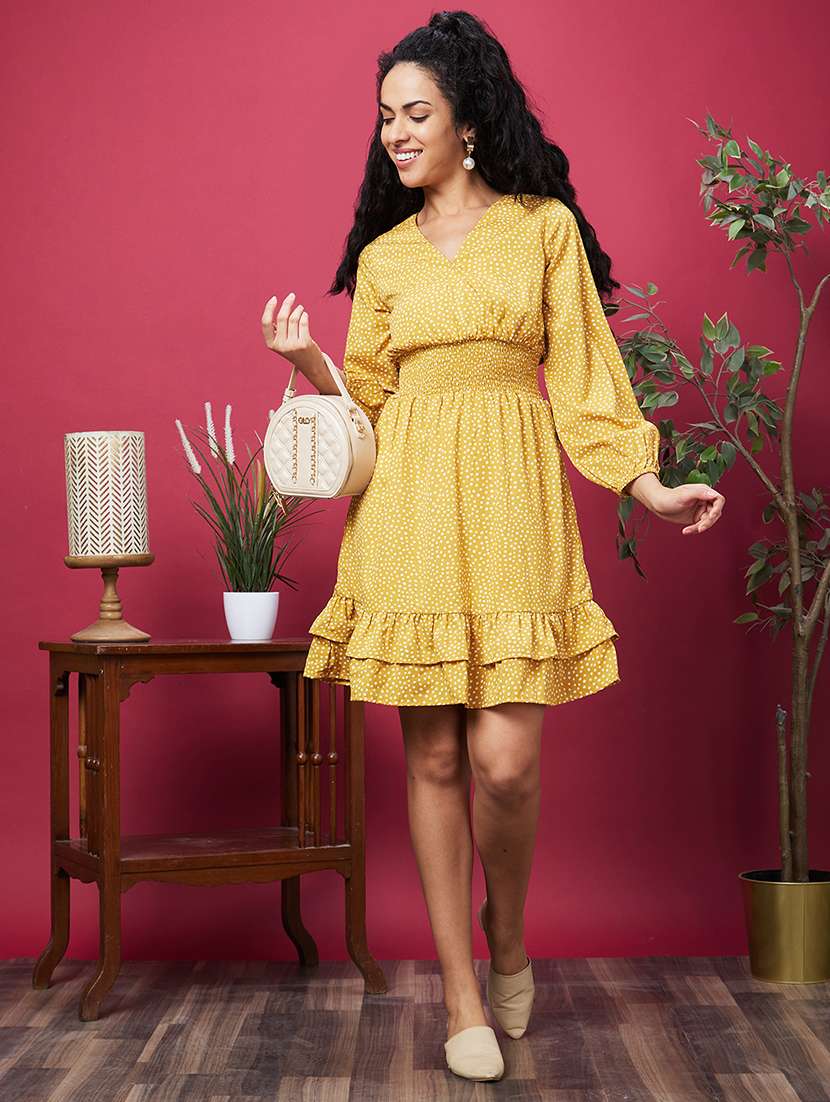 women yellow polka dot tiered dress