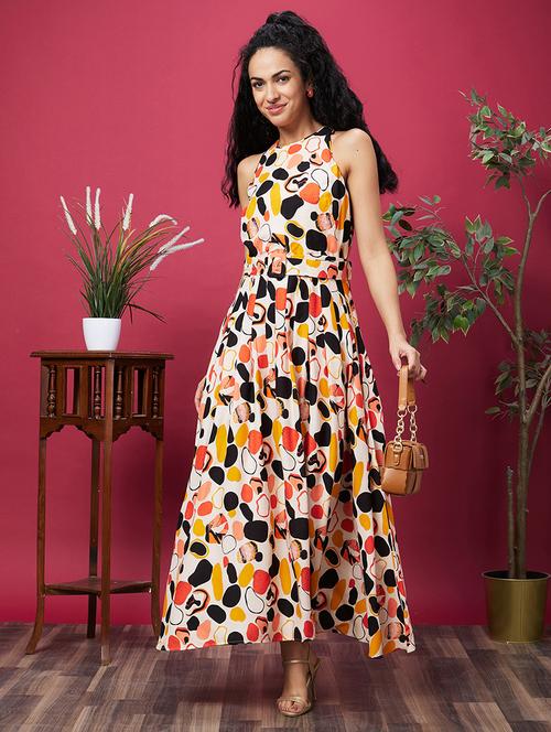 globus women multicolour abstract printed halter neck belted a-line maxi dress - 20600282 -  Standard Image - 0