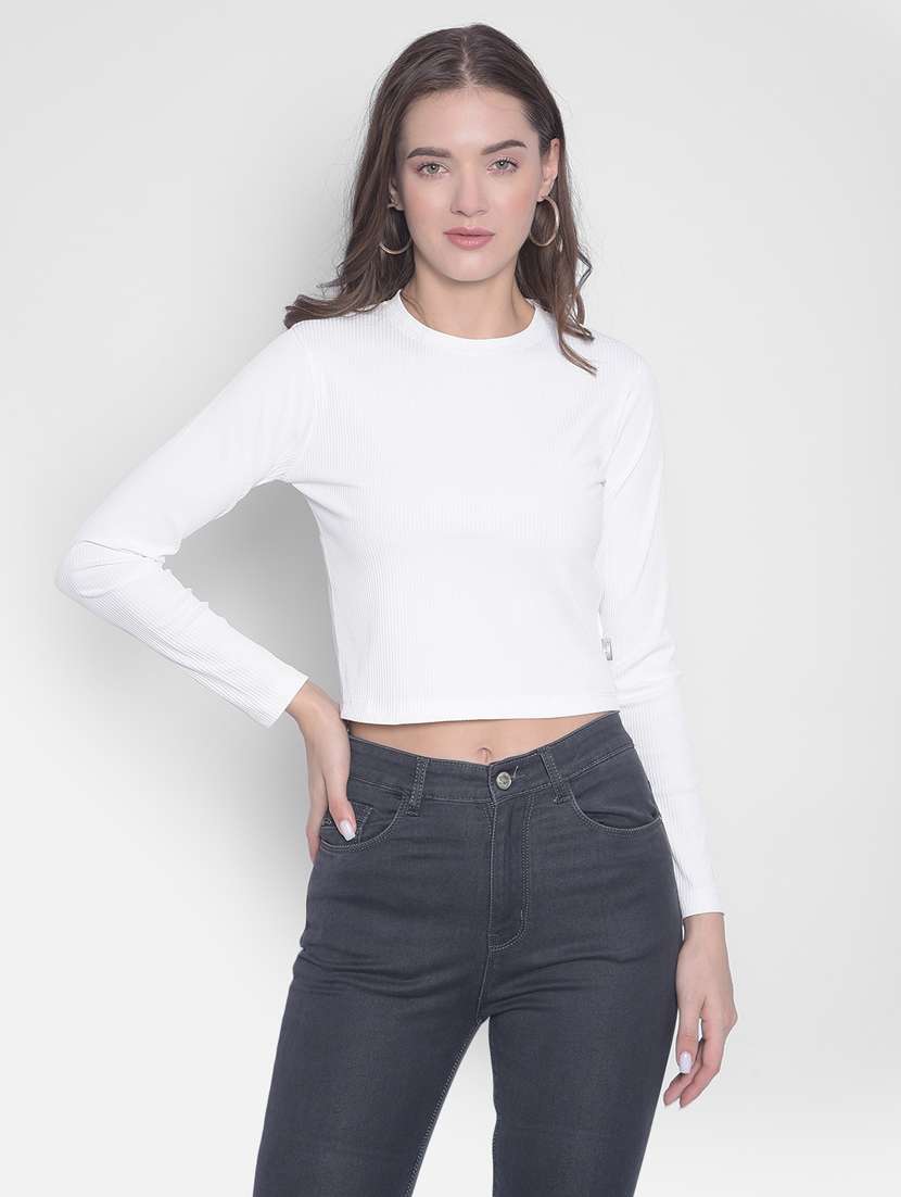 women solid white crop top