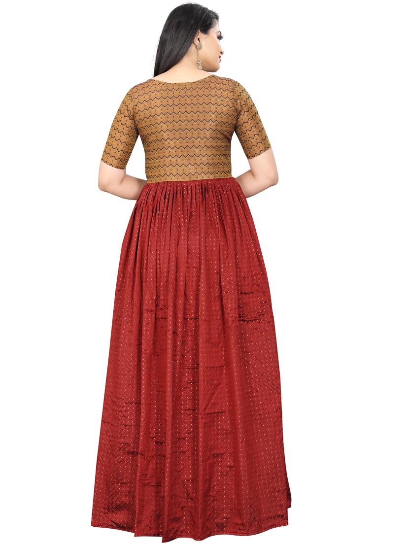 women red round neck stitched gown - 20601321 - Standard Image - 2