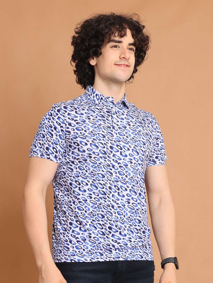 blue printed short sleeve polo t-shirt - 20601449 - Standard Image - 2