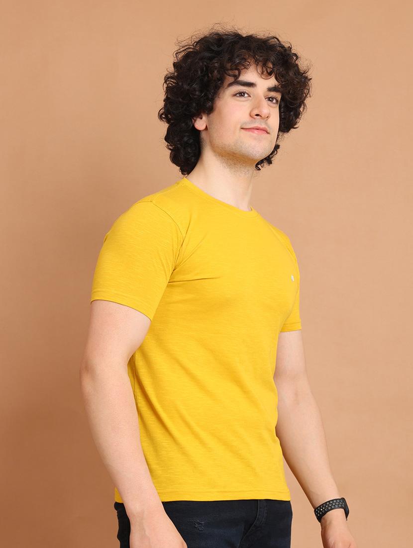 men yellow plain round neck t-shirt - 20601476 - Standard Image - 2