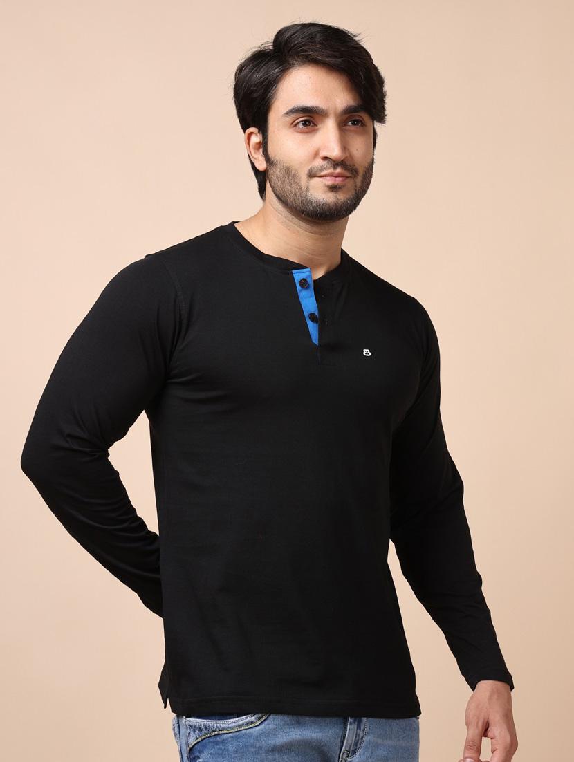 men black plain henley neck t-shirt - 20601596 - Standard Image - 2