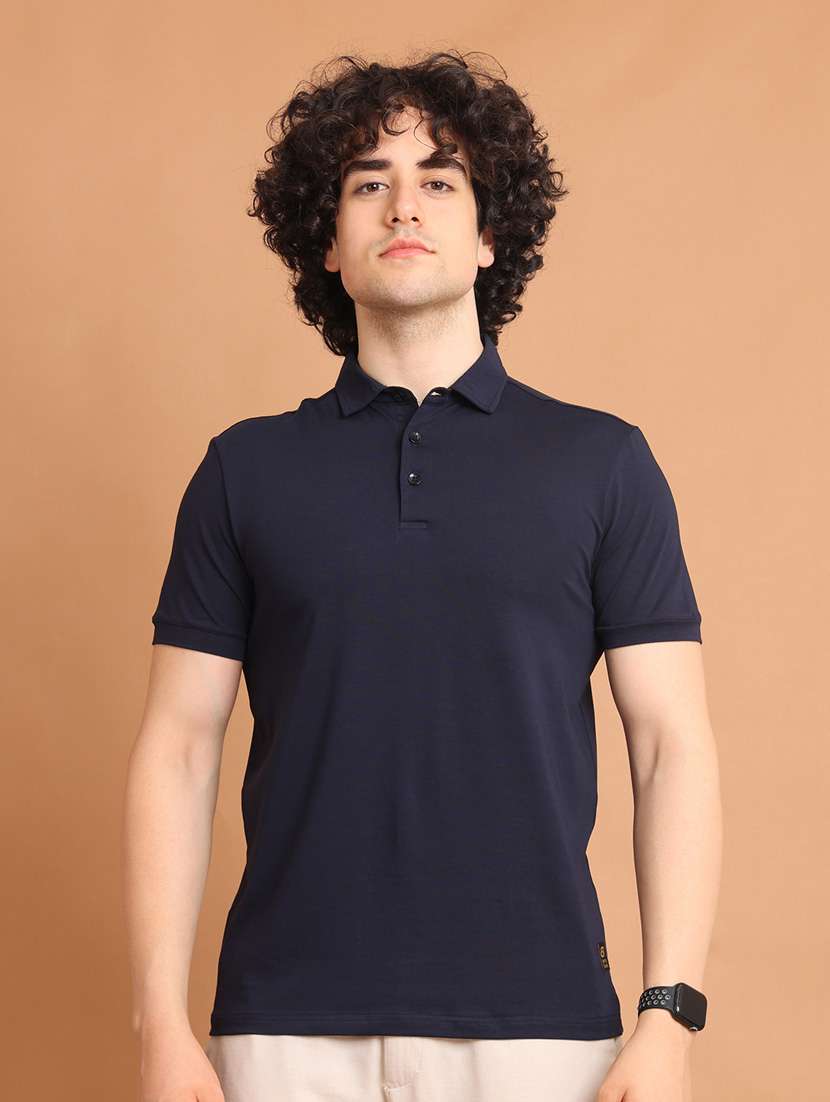 men navy blue solids polo neck t-shirt