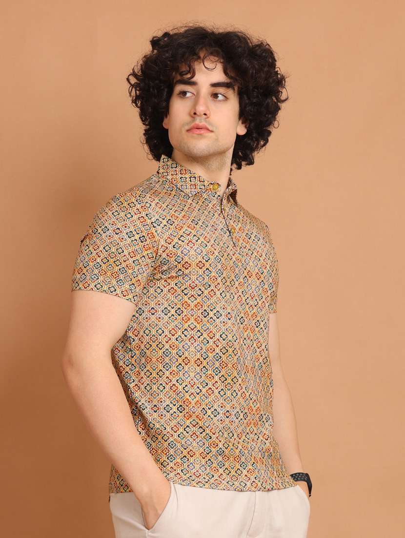 beige printed short sleeve polo t-shirt - 20601635 - Standard Image - 2
