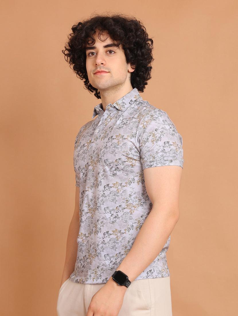 grey printed short sleeve polo t-shirt - 20601657 - Standard Image - 2