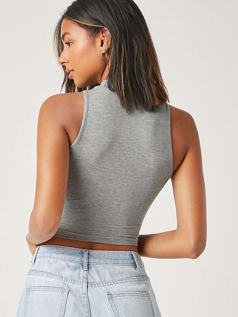 women solid grey high neck crop top - 20602239 -  Standard Image - 2
