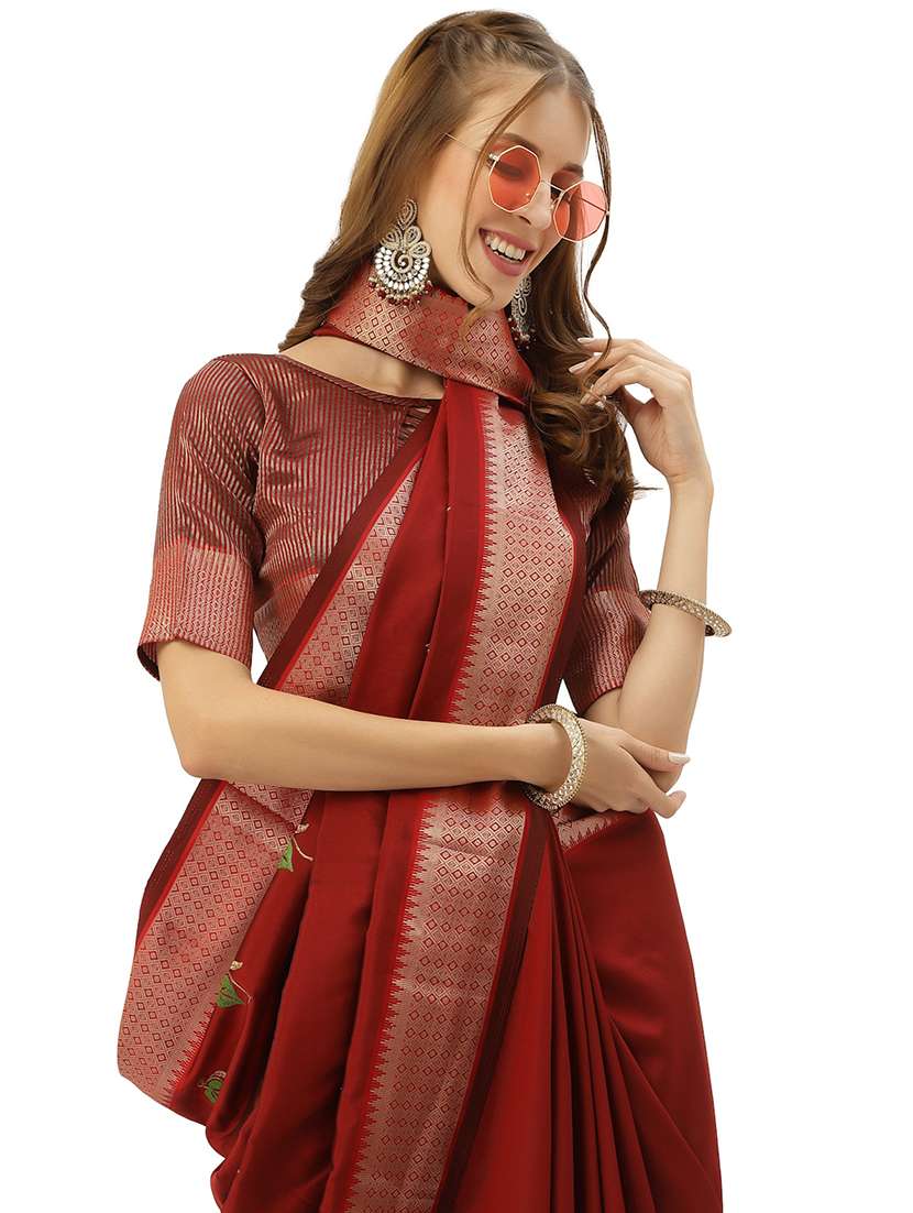 maroon solid with work bordered saree with blouse - 20604215 - Standard Image - 2