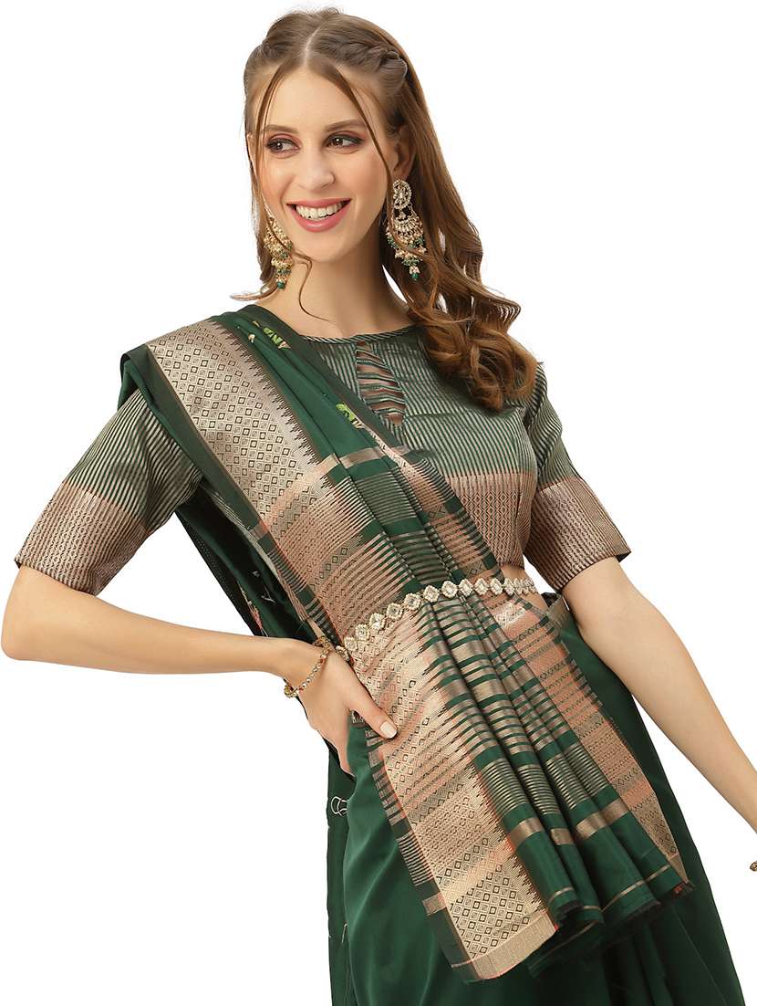 green solid with work saree with blouse - 20604218 - Standard Image - 2