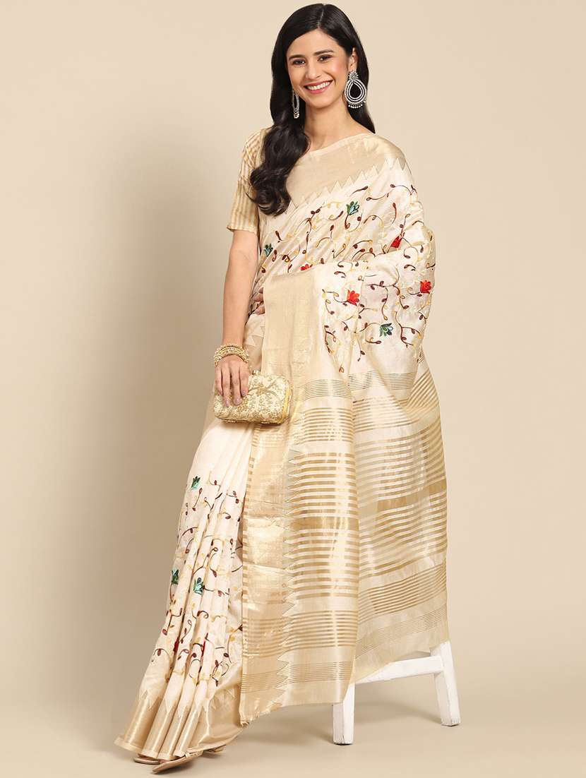 women cream embroidered saree with blouse
