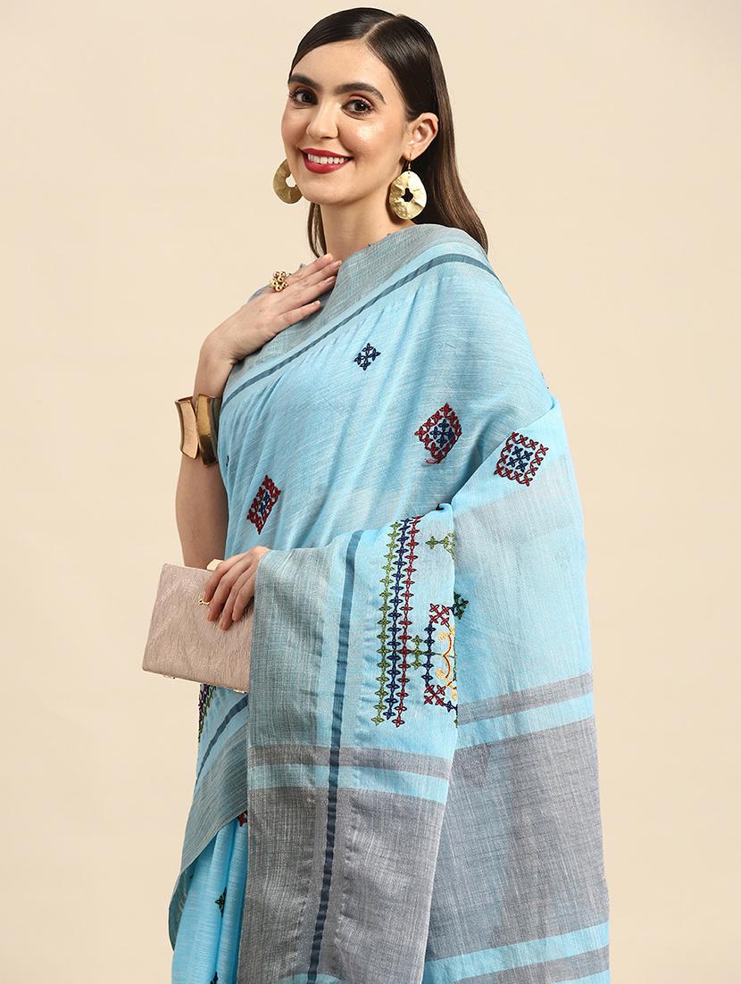 women light blue embroidered saree with blouse - 20604333 - Standard Image - 2