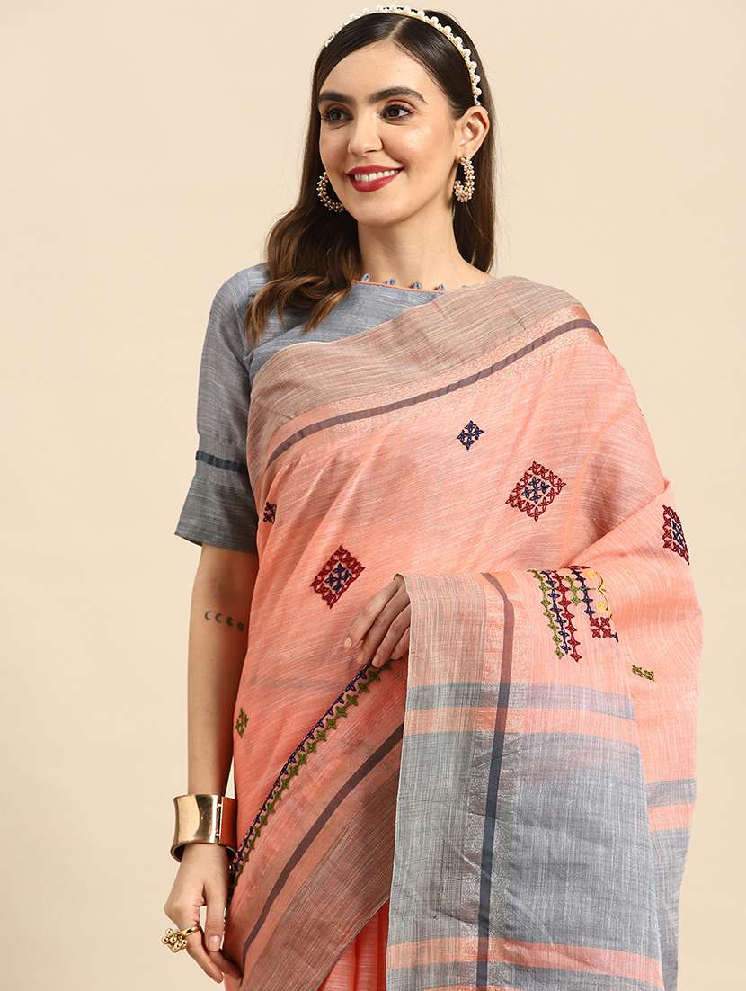 women peach embroidered saree with blouse - 20604338 - Standard Image - 2