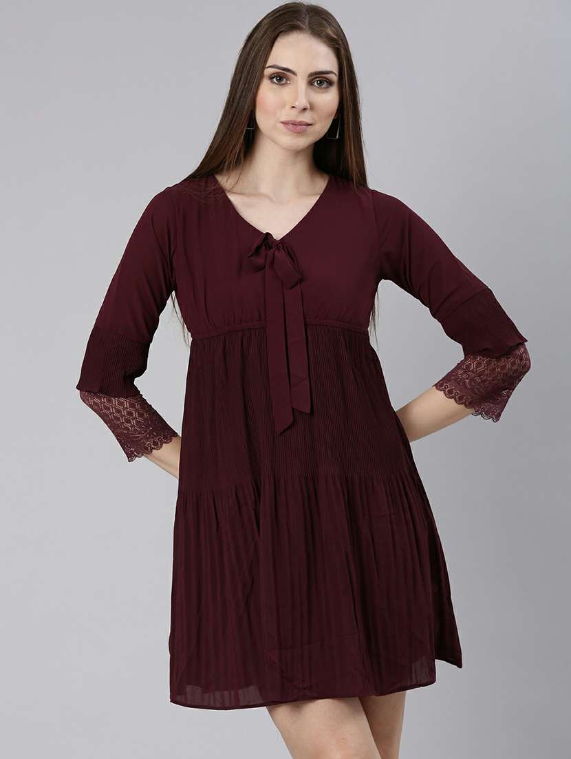 women maroon solid a-line mini dress
