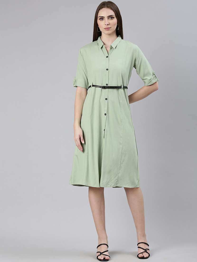 women light green cotton shirt dress