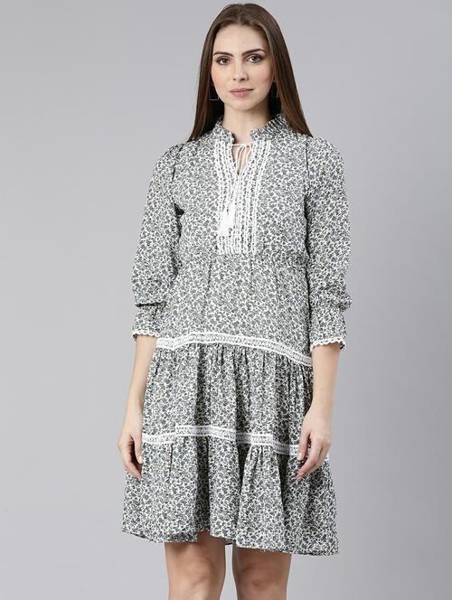 women printed tie-up neck fit & flare mini dress - 20605240 - Standard Image - 0