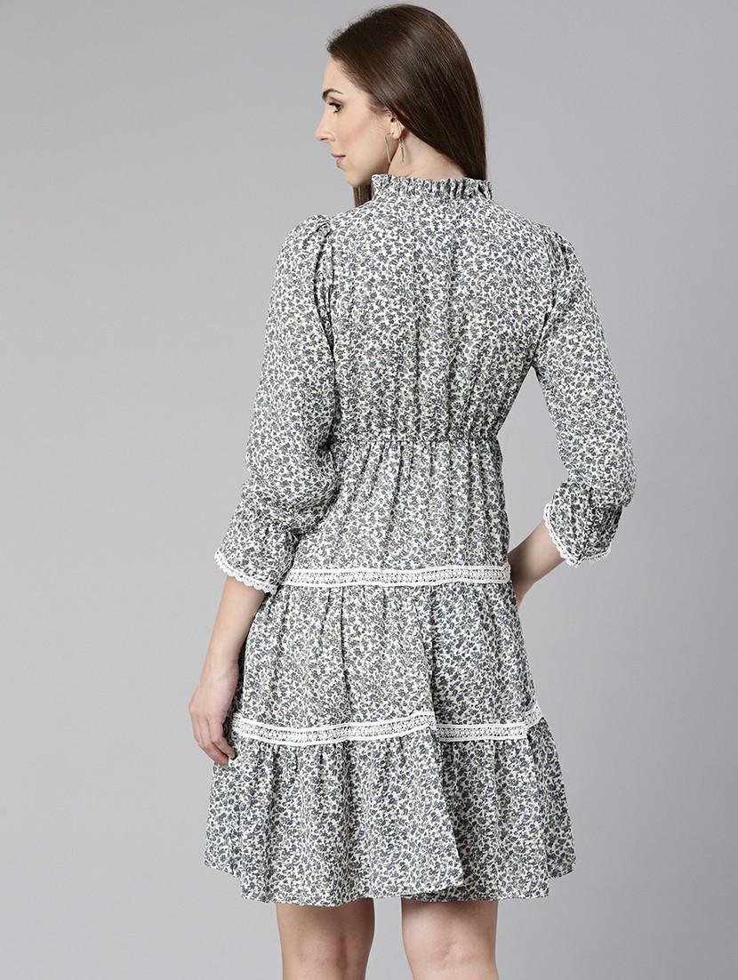 women printed tie-up neck fit & flare mini dress - 20605240 - Standard Image - 2