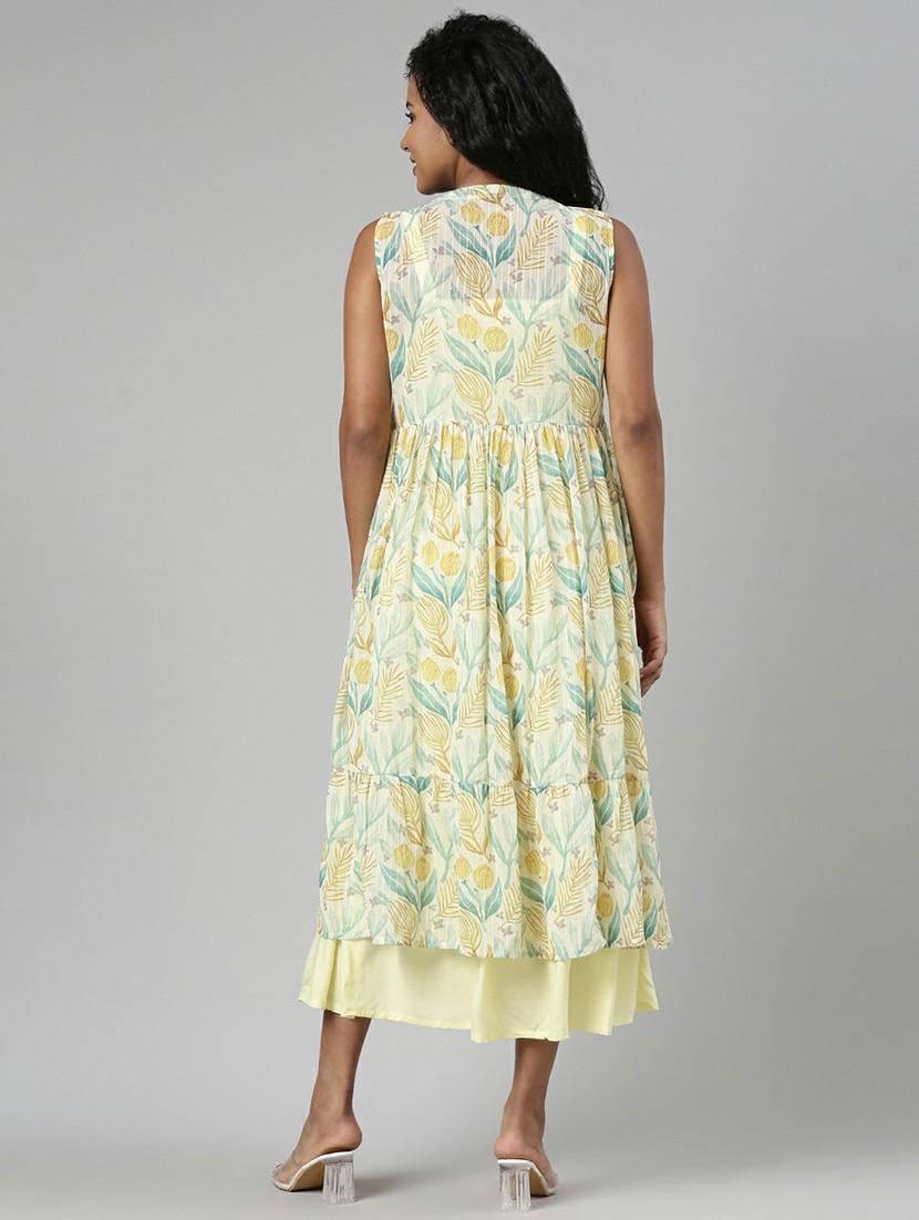 women yellow fit & flare dress with printed outer - 20605245 - Standard Image - 2