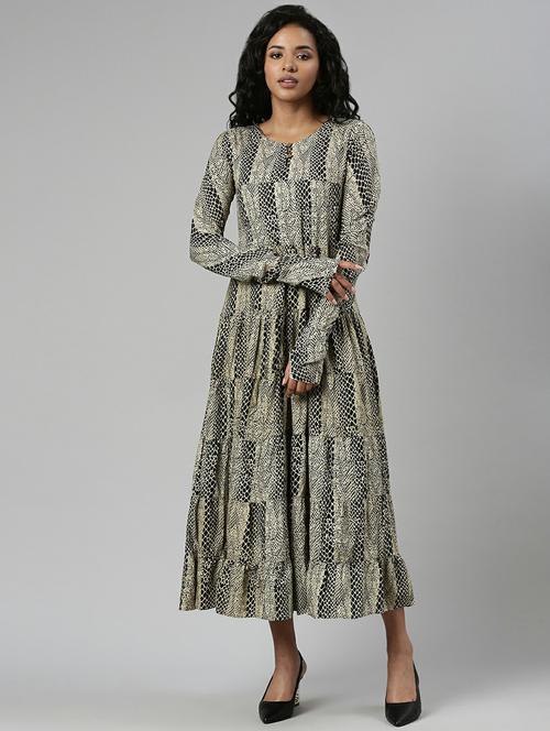 women beige & black printed fit & flare dress - 20605247 -  Standard Image - 0
