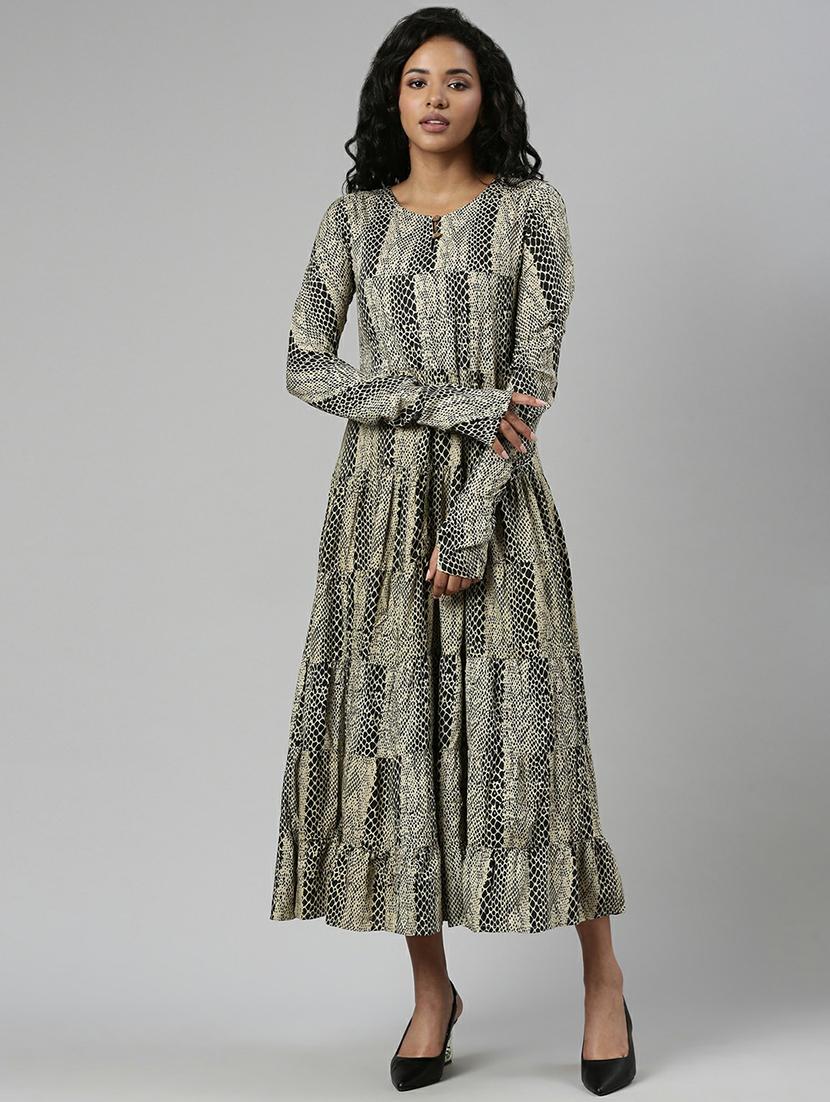 women beige & black printed fit & flare dress - 20605247 -  Zoom Image - 0