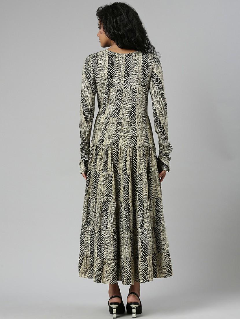 women beige & black printed fit & flare dress - 20605247 - Standard Image - 2